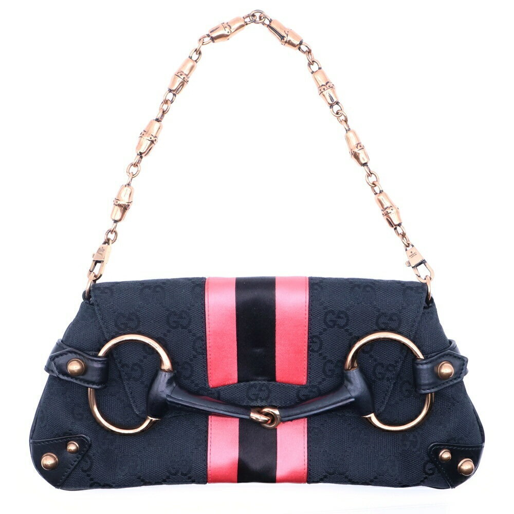 GUCCI GG Canvas Horsebit Chain Shoulder Bag Black Pink Limited Edition